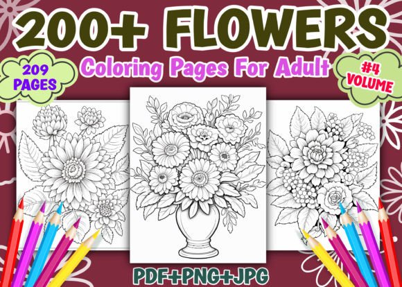 200 Flowers Coloring Pages for Adults