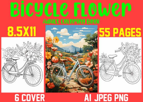 Bicycle Flower Adult Coloring Book Assets