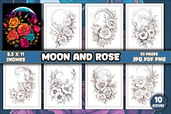 Moon and Rose Flower Coloring Pages for Creative Publishing